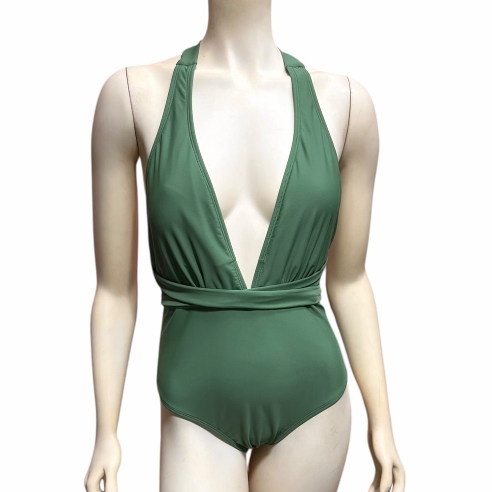 NWT Cupshe Green Halter One Piece Swimsuit Plunge Neck Wrap Tie Padded Size M - Picture 2 of 11